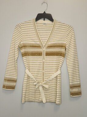 Vintage Bodin Knits Cream and Metallic Gold Sweater with waist tie Size Small